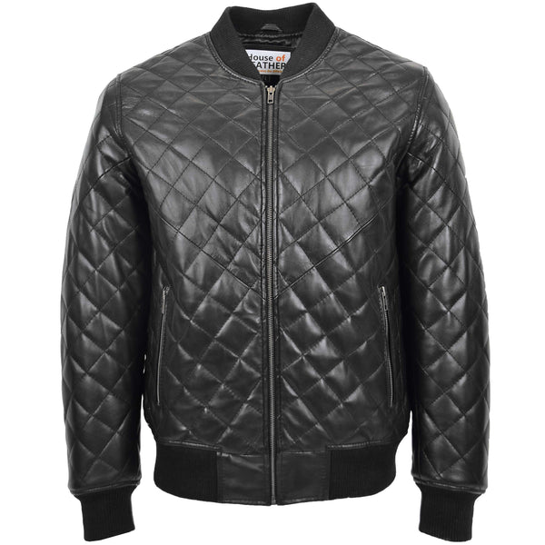 Mens Leather Quilted Bomber Jacket Black | House of Leather