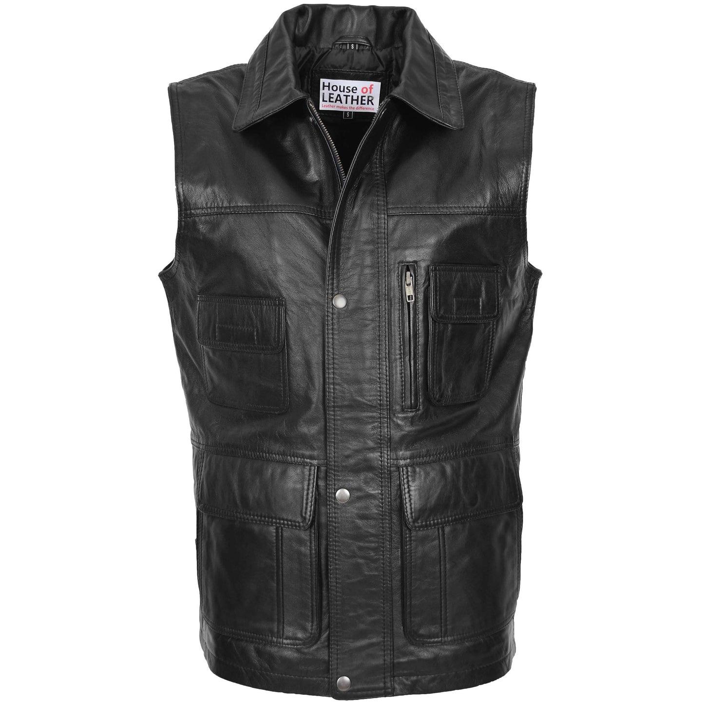 Mens Leather Multi Purpose Gilet Roger Black