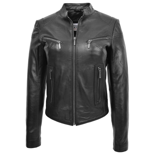 Womens Leather Standing Collar Jacket Becky Black