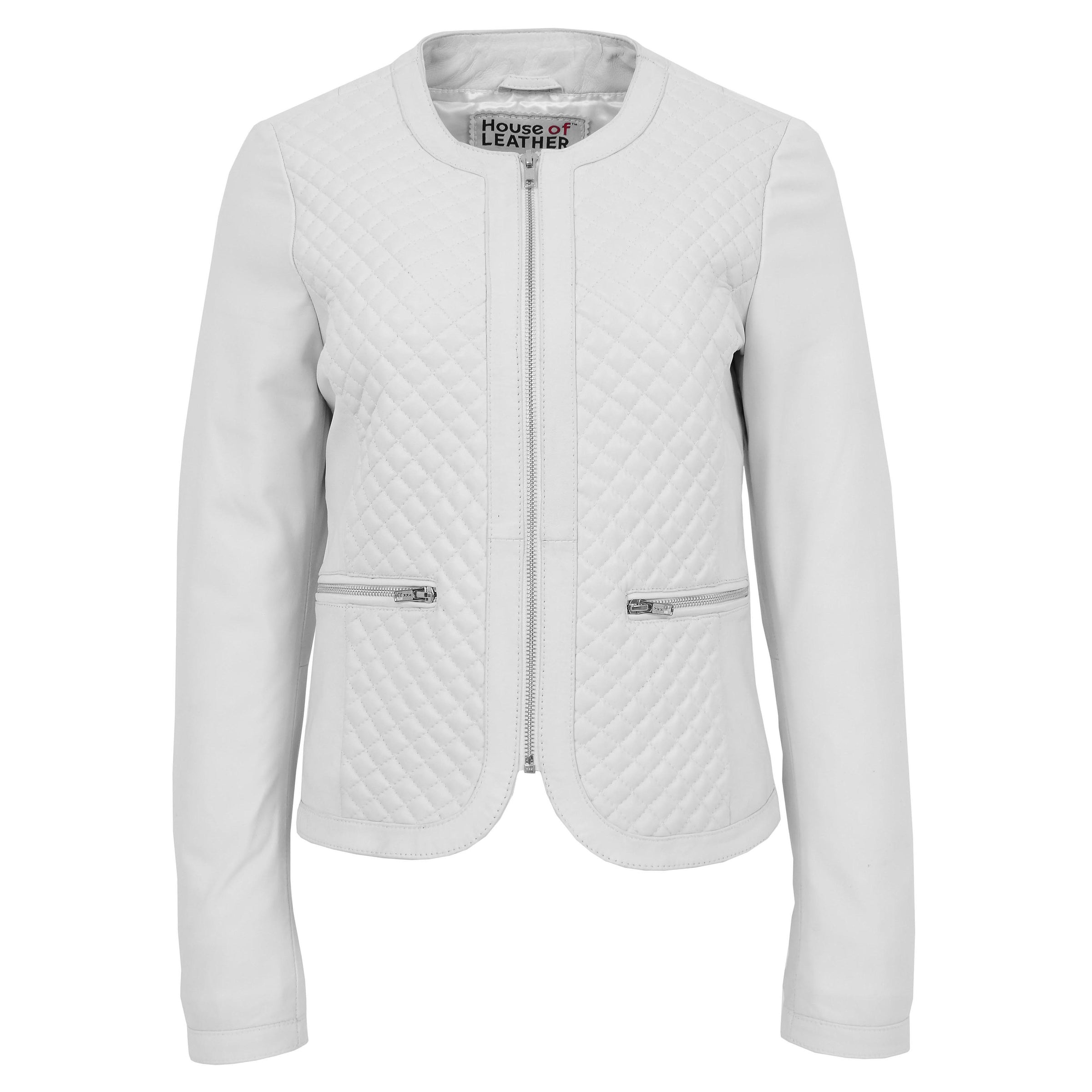 Womens Leather Collarless Jacket with Quilt Design White | House