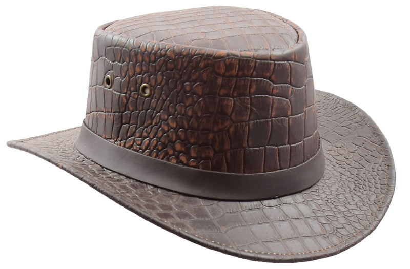 Leather Hat Removable Chin Strap Croc Print HL002 Brown 3