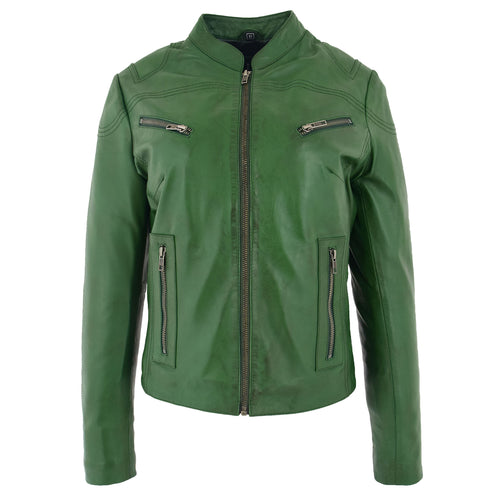 Womens Leather Standing Collar Jacket Becky Green