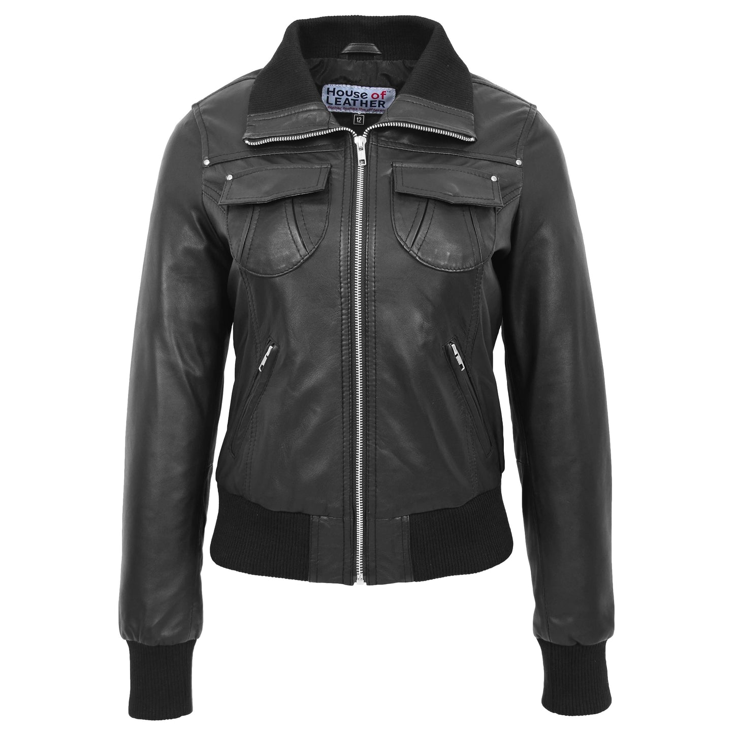 Womens Leather Classic Bomber Jacket Motto Black