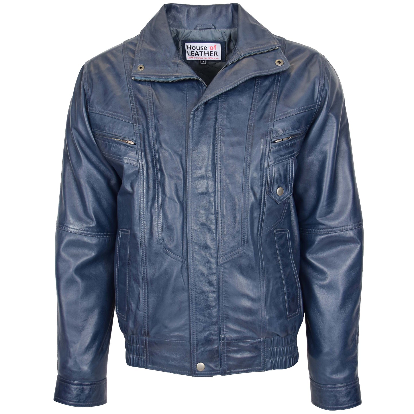 Mens Leather Bomber Blouson Jacket Robert Blue