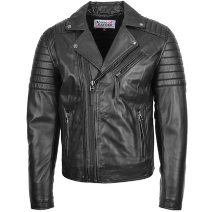 Mens Biker Leather Jacket Dual Zip Hook Black