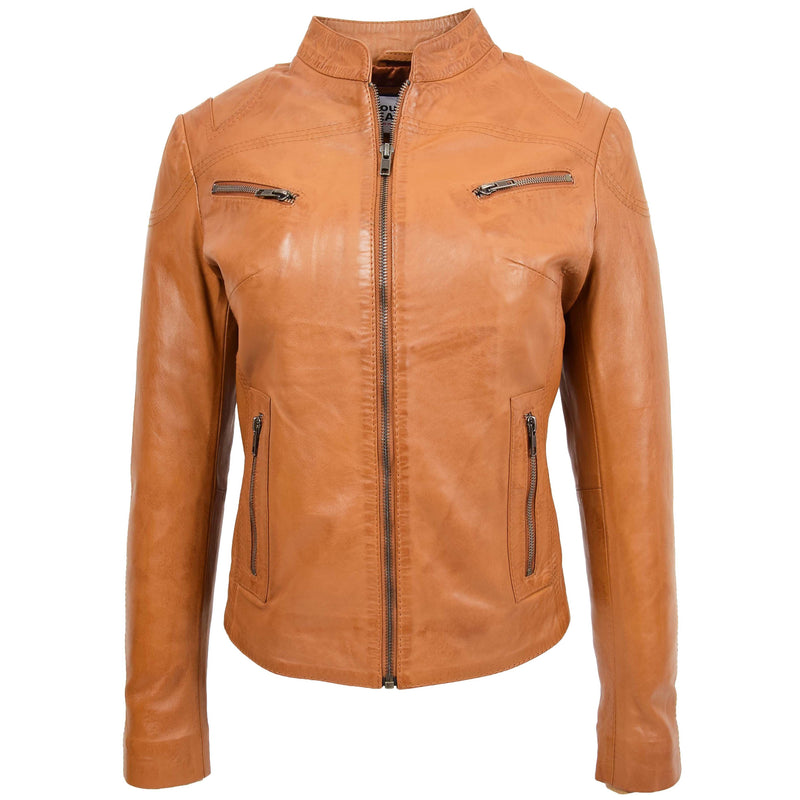 Womens Leather Standing Collar Jacket Becky Tan