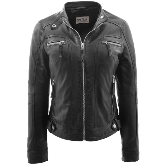 Womens Real Leather Biker Jacket Casual Style Annie Black