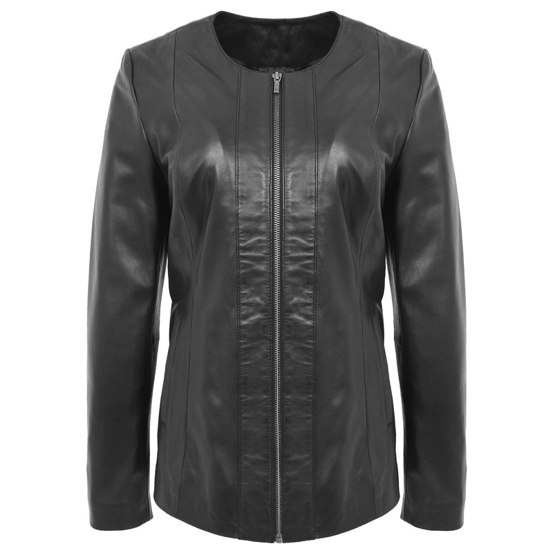 Womens Classic Soft Leather Collarless Jacket Jade Black