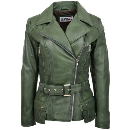 Womens Leather Hip Length Biker Jacket Celia Green