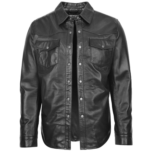 Mens Leather Shirt Classic Trucker Style Oliver Black