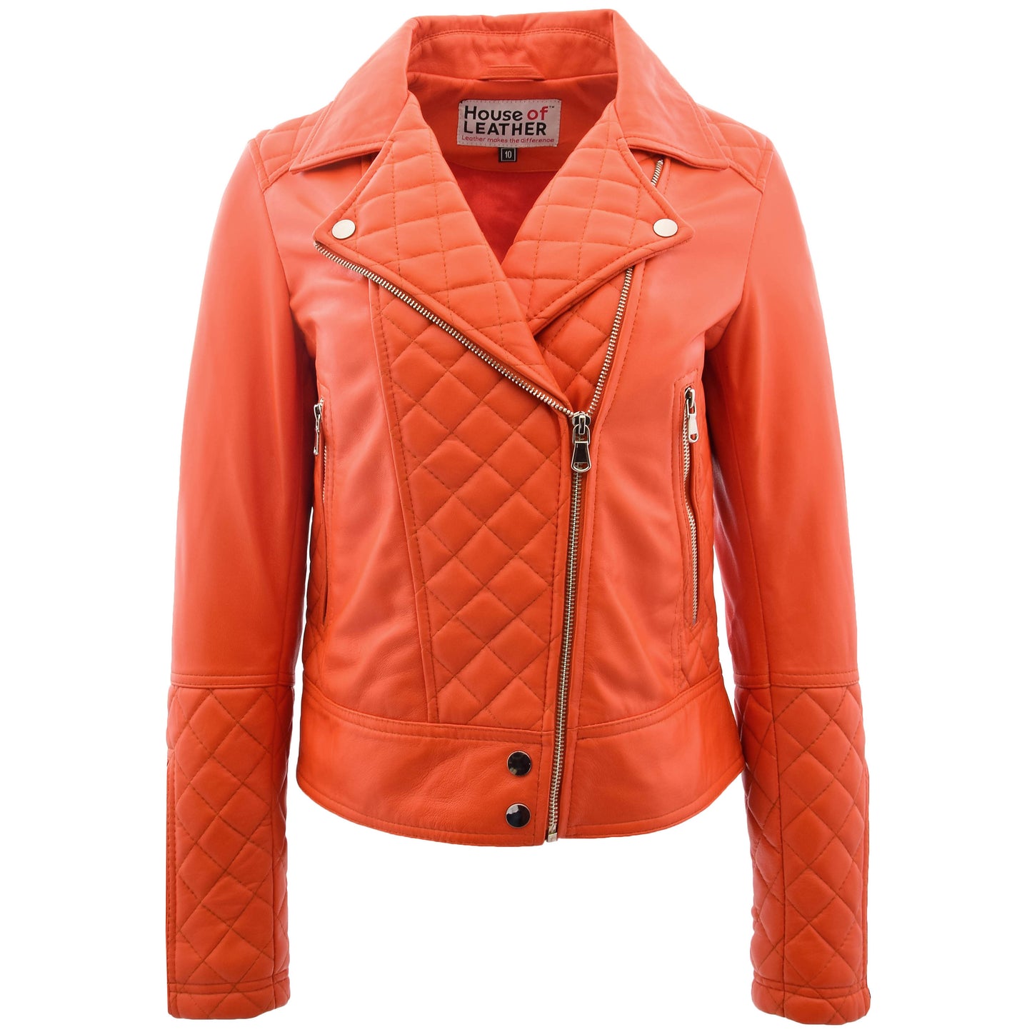 Womens Leather Biker Jacket with Quilt Detail Ziva Orange