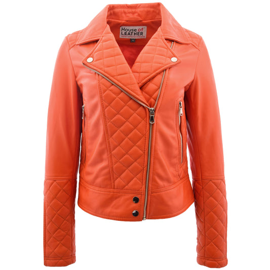 Womens Leather Biker Jacket with Quilt Detail Ziva Orange