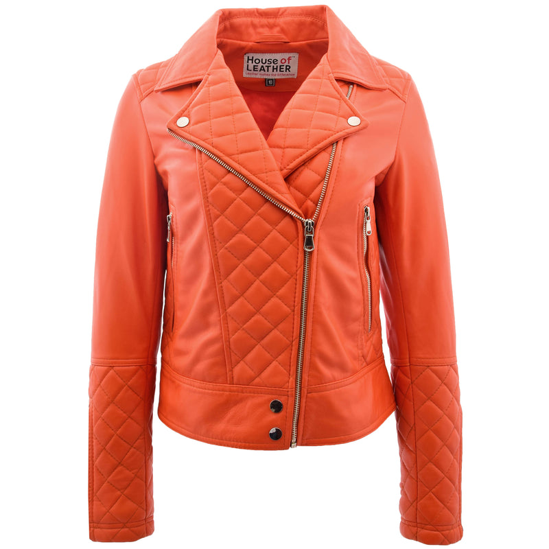 Womens Leather Biker Jacket with Quilt Detail Ziva Orange