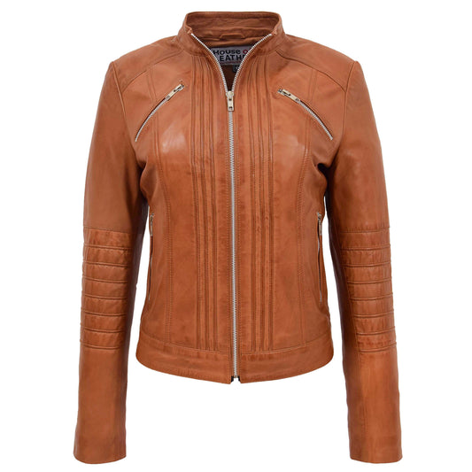 Womens Leather Classic Biker Style Jacket Alice Tan