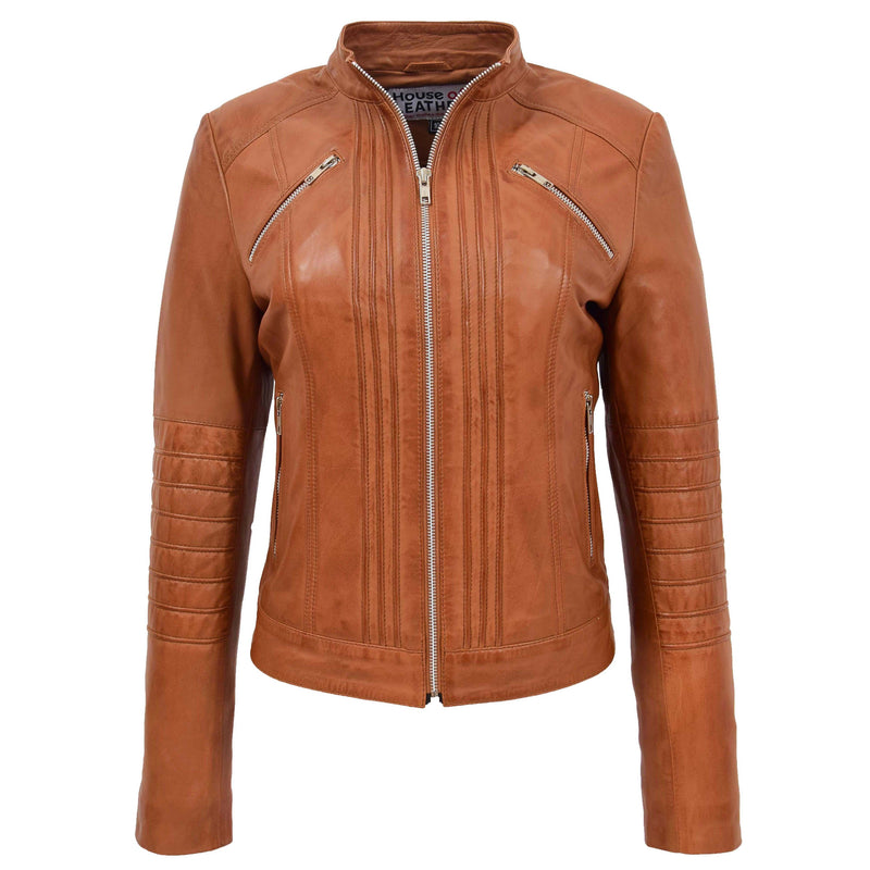 Womens Leather Classic Biker Style Jacket Alice Tan