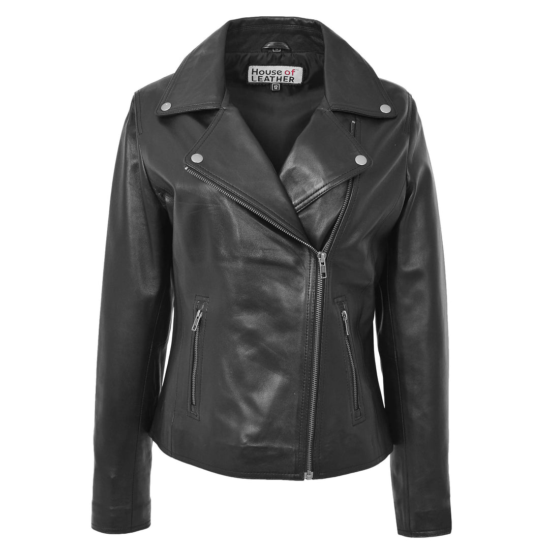Womens Soft Leather Cross Zip Biker Jacket Black House of Leather