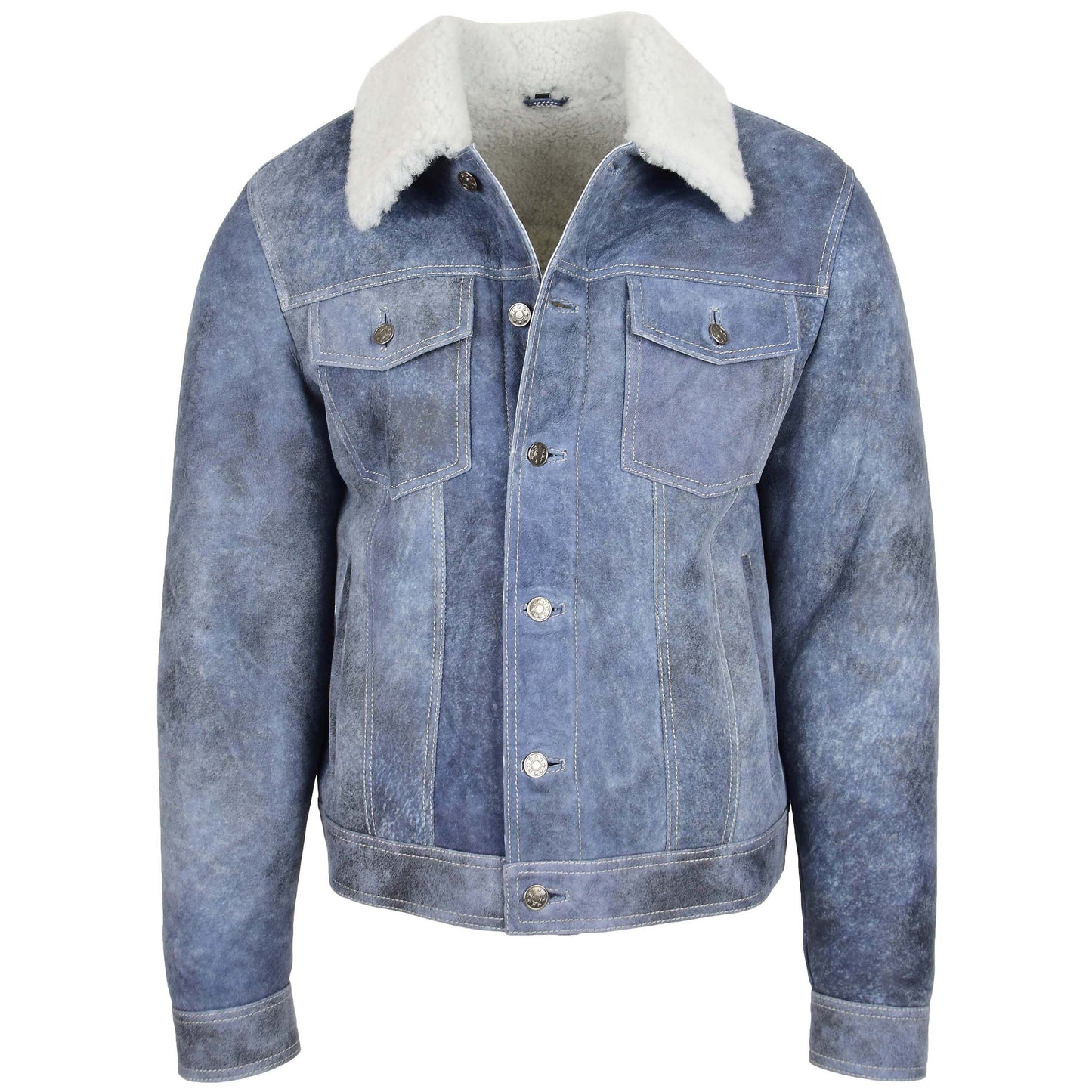 Mens Real Sheepskin Trucker Jacket Noah Denim Blue