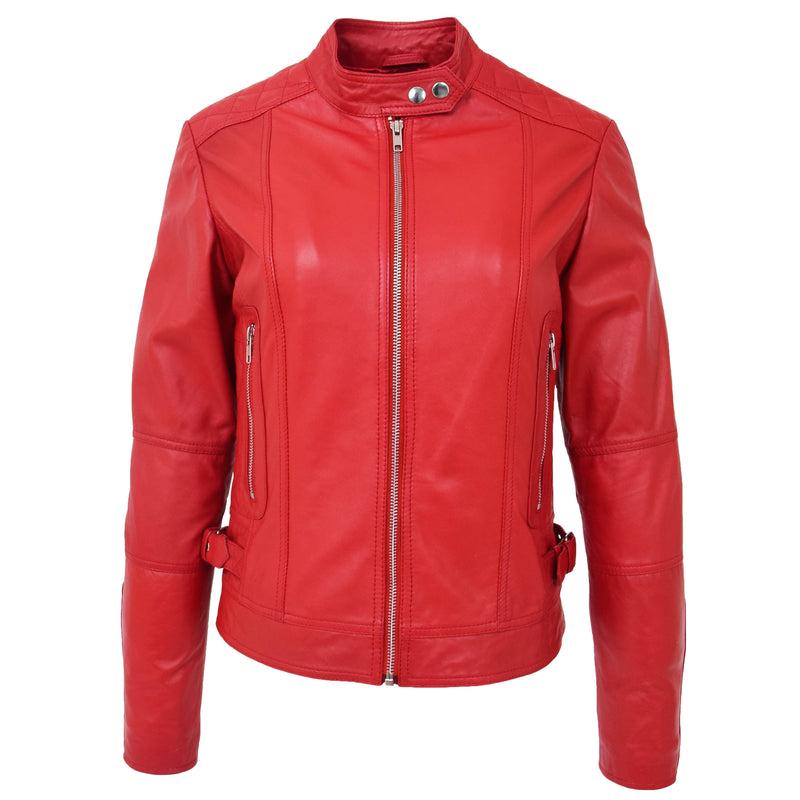 Womens Soft Leather Casual Zip Biker Jacket Ruby Red