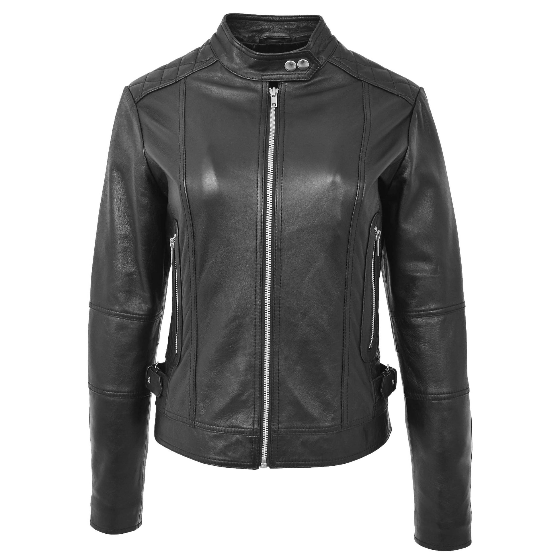 Womens Soft Leather Casual Zip Biker Jacket Ruby Black