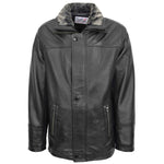 Mens Leather Classic Coat Detachable Collar Roman Black