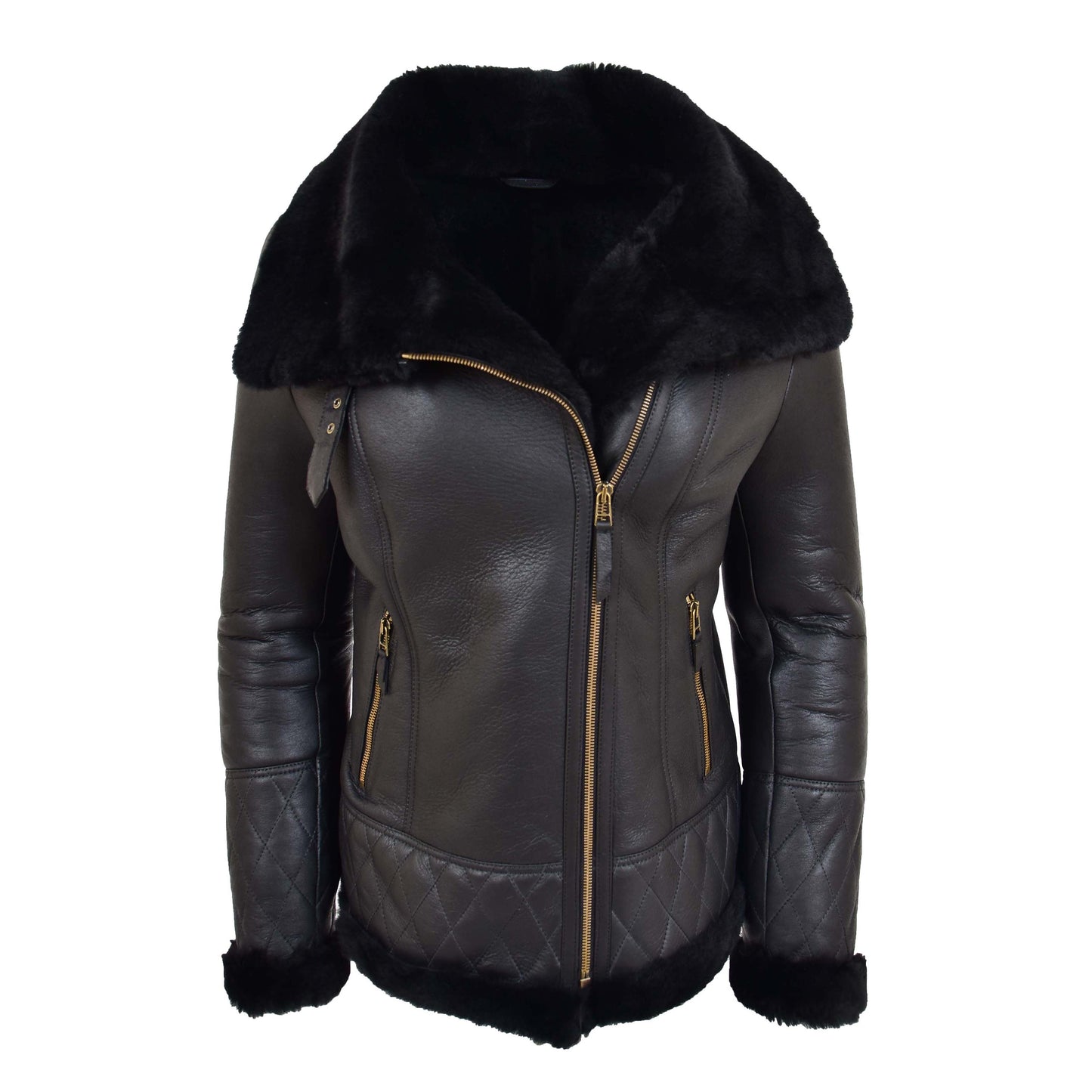 Womens Merino Sheepskin Aviator Jacket Isabelle Black