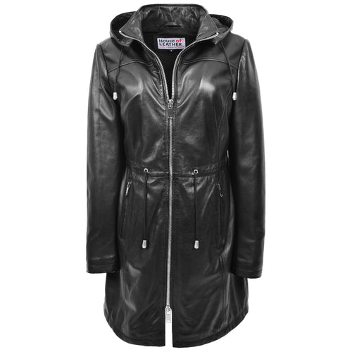 Womens Real Leather Hooded Parka Coat Tyra Black