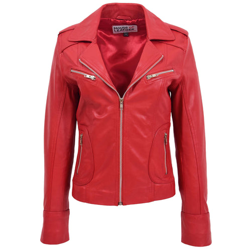 Womens Leather Fitted Biker Style Jacket Kim Red