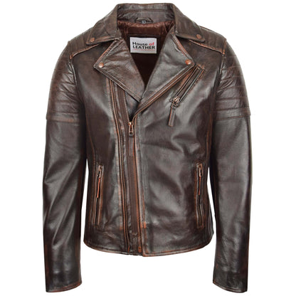 Mens Biker Leather Jacket Dual Zip Hook Brown Vintage