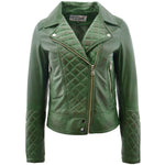Womens Leather Biker Jacket with Quilt Detail Ziva Green