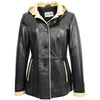 Womens Hooded Leather Button Jacket Carolina Black Beige