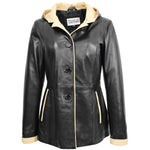 Womens Hooded Leather Button Jacket Carolina Black Beige