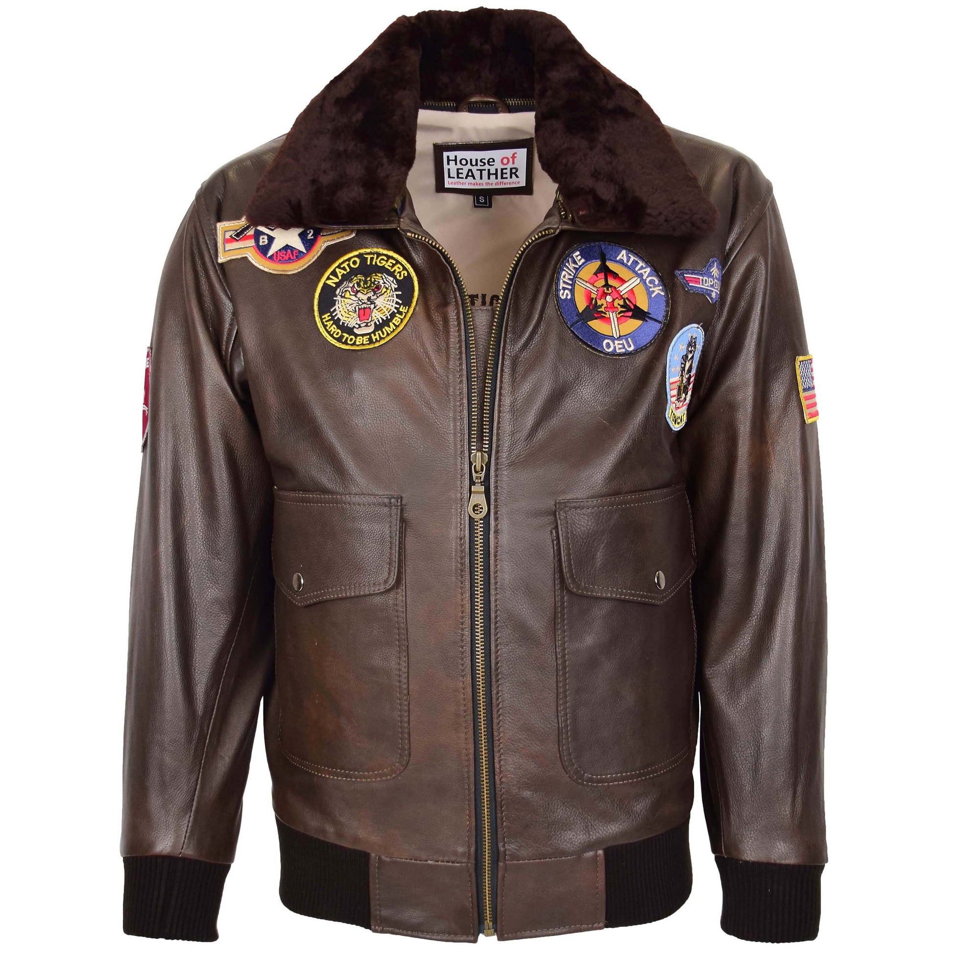 Mens Bomber Leather Jacket Air Force Style Lester Brown