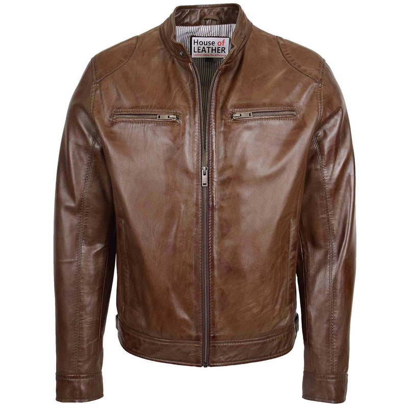Mens Biker Soft Casual Leather Jacket Milton Brown