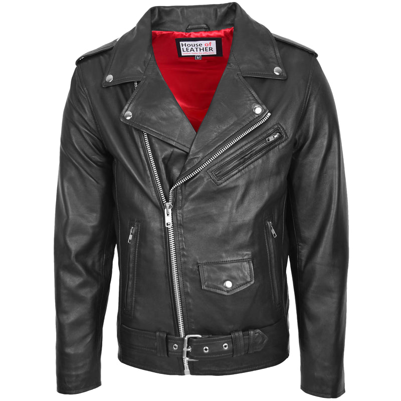 Mens Leather Biker Jacket Brando Style Johnny Black