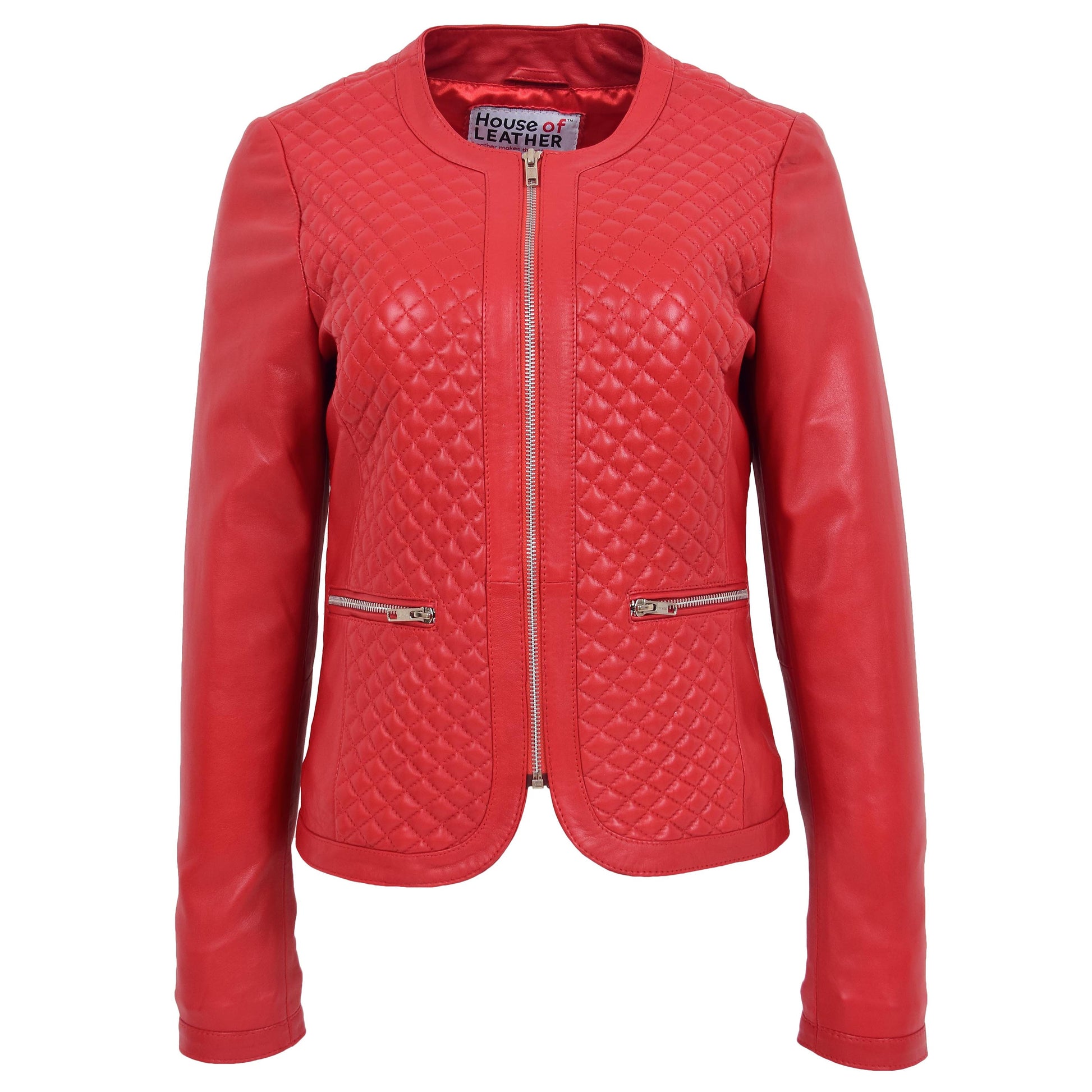 Womens Leather Collarless Jacket with Quilt Design Joan Red