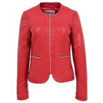 Womens Leather Collarless Jacket with Quilt Design Joan Red