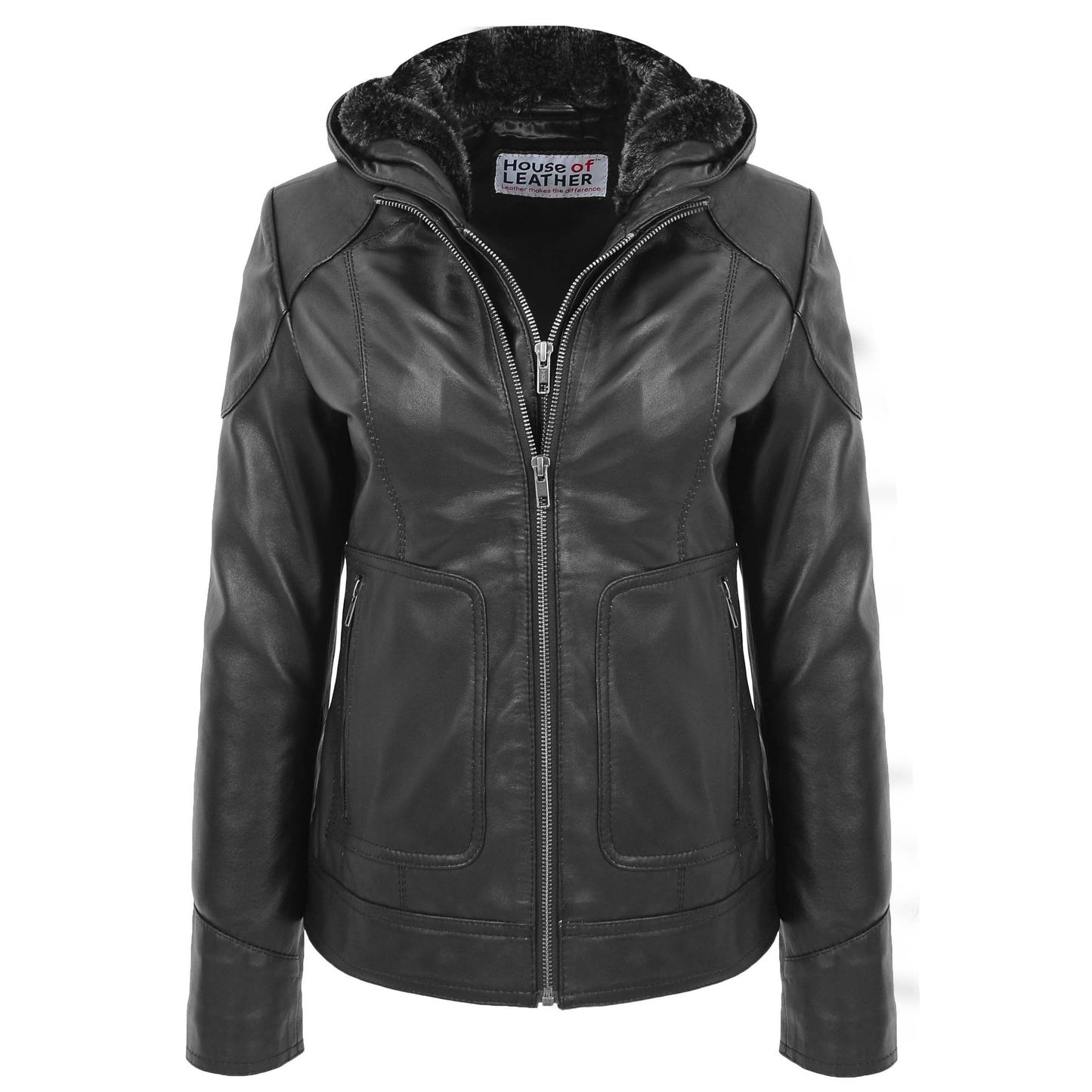 Womens Leather Detachable Hooded Coat Brooke Black