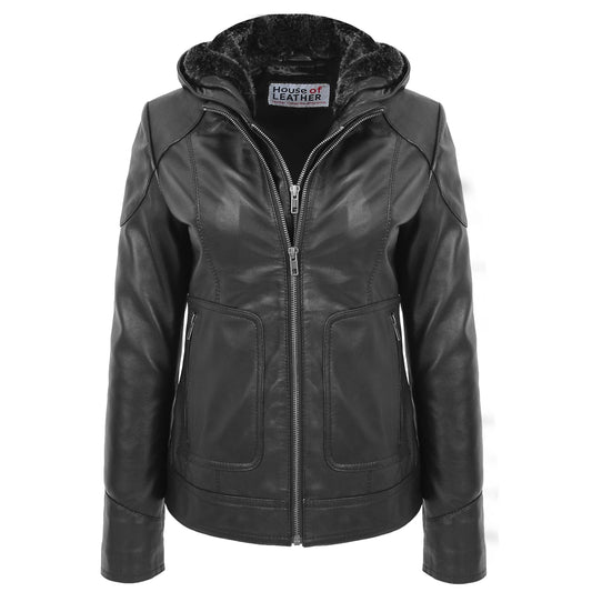 Womens Leather Detachable Hooded Coat Brooke Black