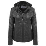 Womens Leather Detachable Hooded Coat Brooke Black