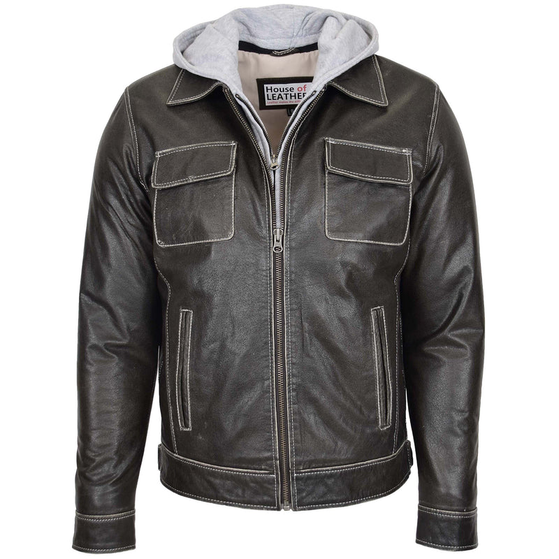 Mens Leather Detachable Hoodie Work Jacket Cypher Grey