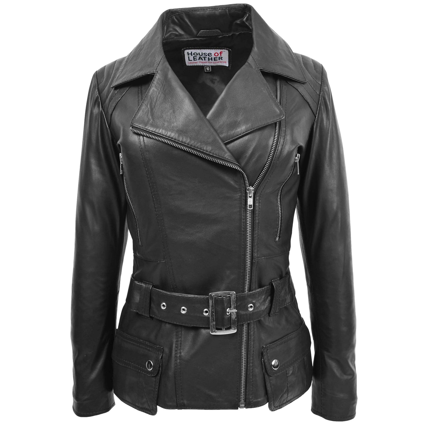 Womens Leather Hip Length Biker Jacket Celia Black