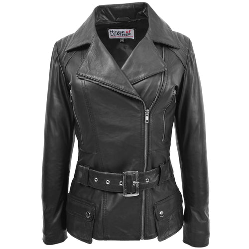 Womens Leather Hip Length Biker Jacket Celia Black