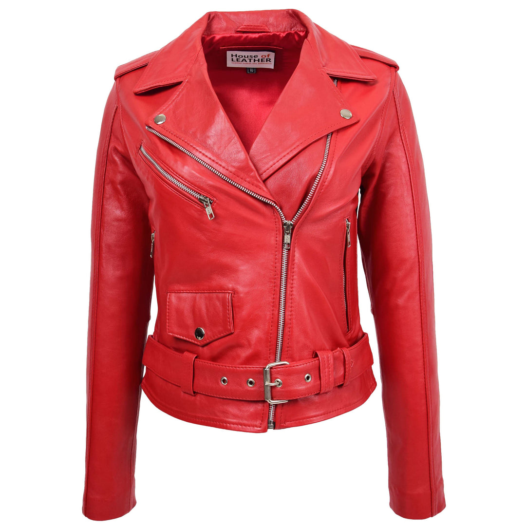 Womens Real Leather Biker Brando Style Jacket Red House of Leather