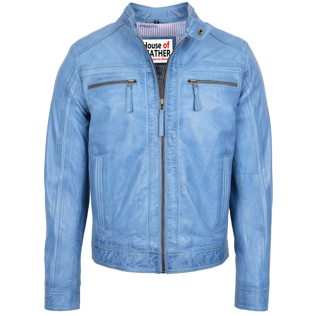 Mens Leather Cafe Racer Biker Jacket Sky Blue House of Leather