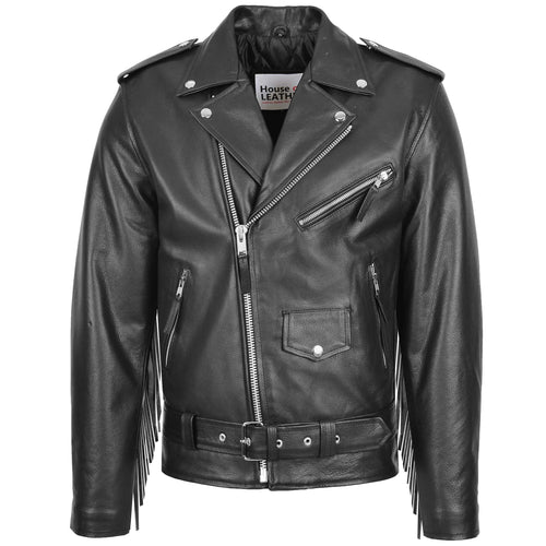 Mens Biker Brando Leather Jacket with Fringes Wayne Black