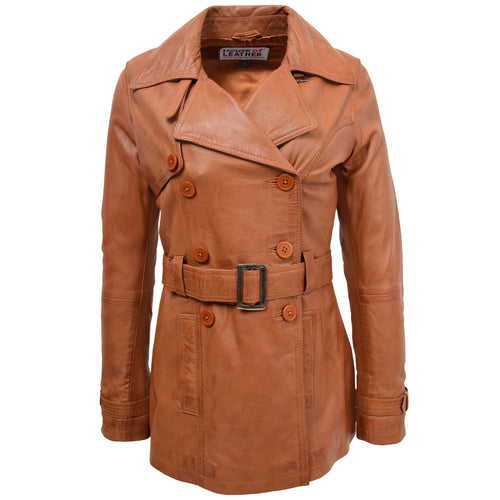 Womens Leather Double Breasted Trench Coat Sienna Tan