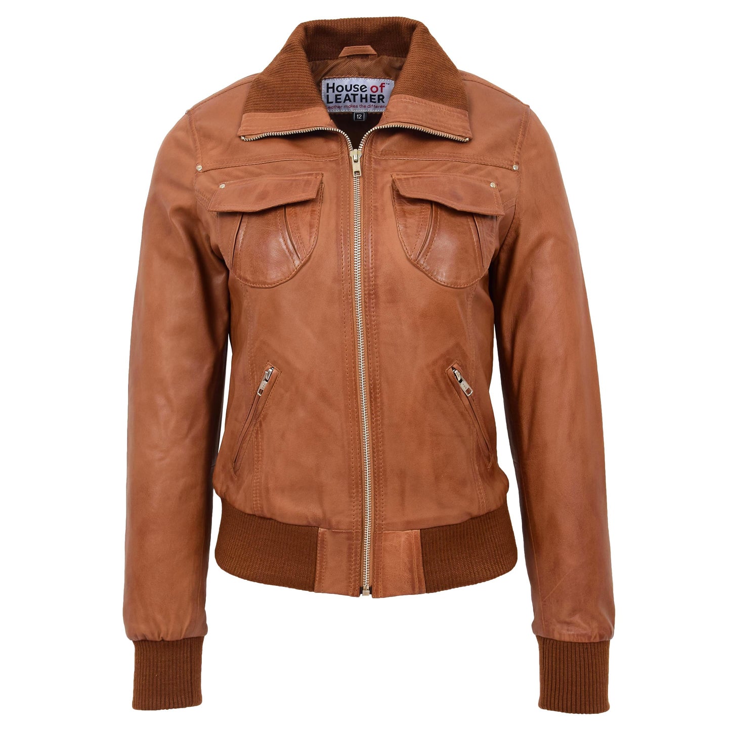 Womens Leather Classic Bomber Jacket Motto Tan