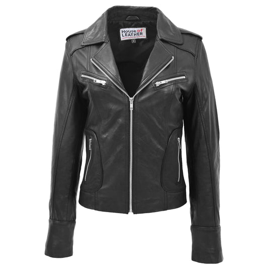 Womens Leather Fitted Biker Style Jacket Kim Black