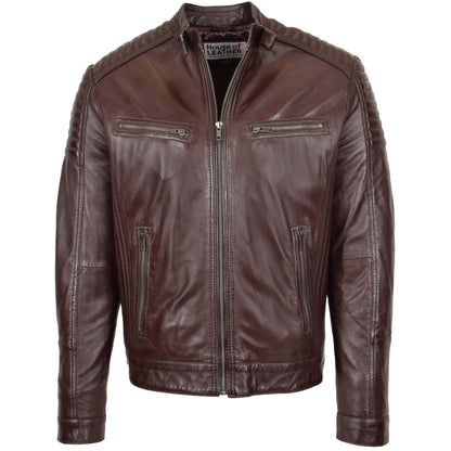 Mens Leather Cafe Racer Biker Jacket Ron Brown