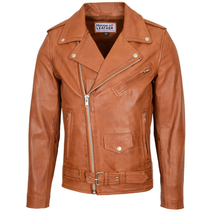 Mens Leather Biker Jacket Brando Style Johnny Tan